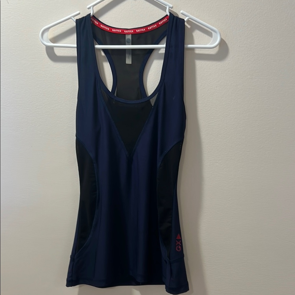 X By Gottex Blue Black Sheer Scoop Neck Racerback Sleeveless Tank Top Size S